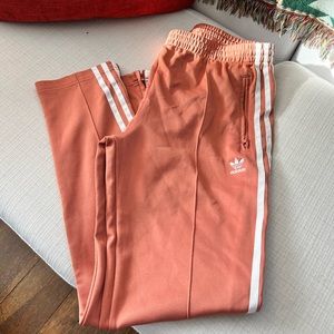 Adidas track pants, pink, zippers on bottom leg, barely worn tapered fit